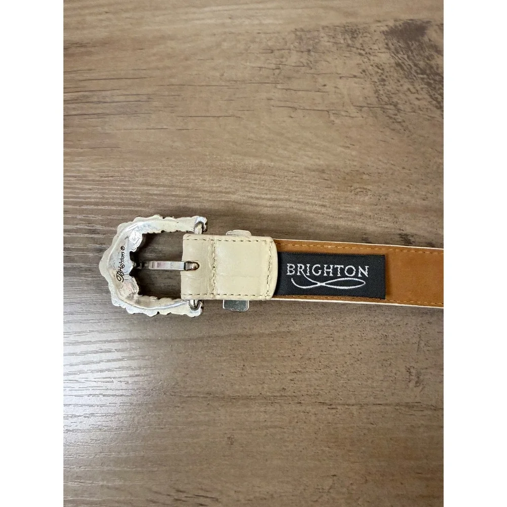 Brighton Cream Croc Embossed Leather Belt Silver Floral Buckle Tip Size 34